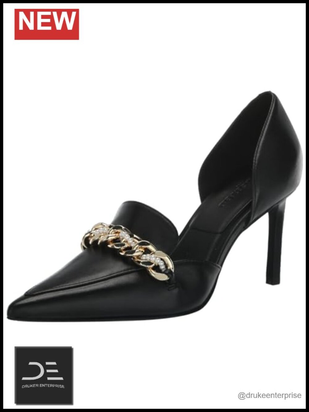 Faux Leather Pointed Toe Pump with Chain Embellishment Slingback Heel